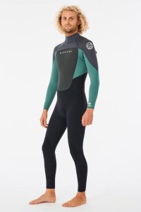 RIP CURL - Omega 4/3 Back Zip Wetsuit - Muted Green Produktbild - The Omega incorporates some high-end features including E5 Neoprene and E3 Neoprene at an economical price. E3 Neoprene is our standard high stretch, lightweight neoprene with high durability properties. The E5 stress point taping increases durability by safeguarding of critical neoprene panel junctions. This suit is built with 4mm of neoprene through the chest and legs, and 3mm through the arms, for the optimal flex to warmth ratio. Fitted with a back zip entry system that's easy to change in and out of with great stretch properties across the chest.